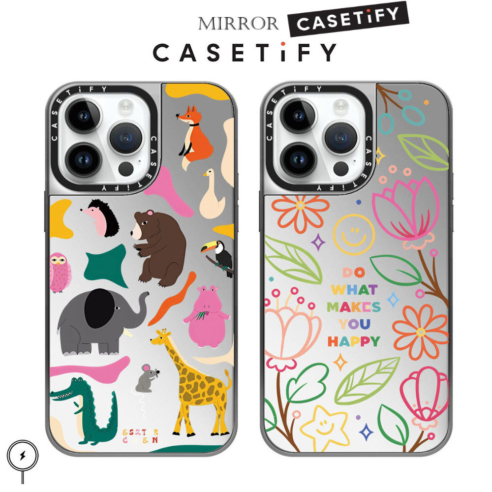 【Mirror Case】casetify สัตว์ดอกไม้ขอบเงิน Hard Glass เคสโทรศัพท์มือถือ, กันกระแทก Matte Case สําหรับ iPhone 15ProMax 15Pro 15 14 13 12 11 Pro Max เคสโทรศัพท์