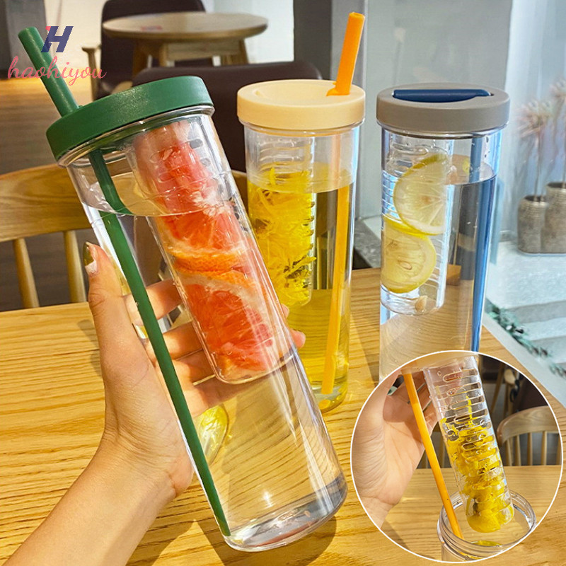 <haohiyou> ขวดน้ําพลาสติกแบบพกพาพร้อมหลอดผลไม้ Infuser ชาถ้วยน้ําผลไม้ฟิตเนสกีฬาขวดท่องเที่ยวกลางแจ้งกาต้มน้ําโปร่งใส Nice