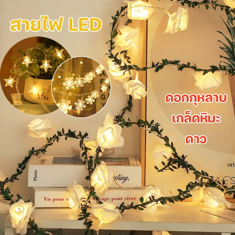 พร้อมส่ง✅💡สายไฟ LED เกล็ดหิมะ/ดอกกุหลาบ/ดาว ไฟตกแต่งห้อ USB+แบตเตอรี่ ไฟประดับวันหยุด