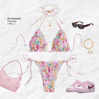 Summer Girl💗 ชุดว่ายน้ำเซ็ต 2 ชิ้น บิกินี่ลายดอกไม้ triangle bikini ผ้าย่นนุ่ม สวยน่ารัก ไปทะเล