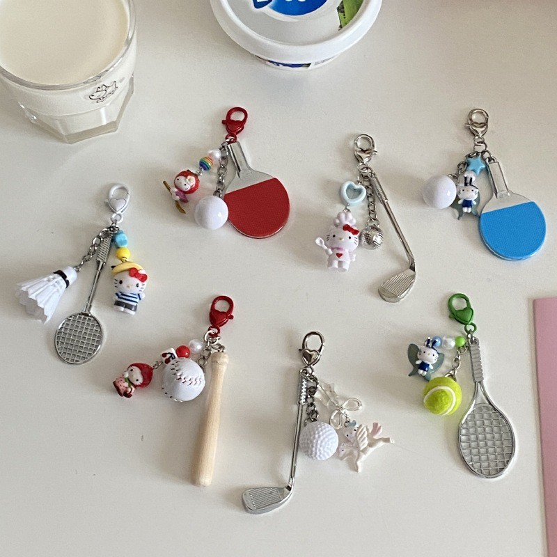 Sanrio Hello Kitty พวงกุญแจปิงปองน่ารักการ์ตูนแบดมินตัน Paddle Golf เบสบอล Creative จี้กระเป๋าเป้สะพายหลังตกแต่งของขวัญ