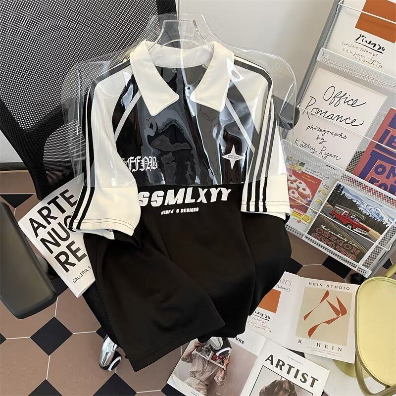 American High Street สไตล์ Raglan Sleeve เสื้อโปโลแขนสั้นเสื้อยืดผู้ชายผู้หญิง Street Wear oversize หลวมคู่สวมใส่ด้านบน