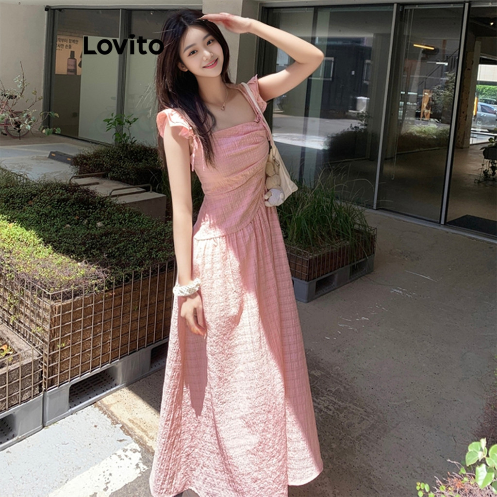 Lovito เดรสผู้หญิง จับจีบ ตีเกล็ดหน้า จีบย่น สีพื้น สไตล์น่ารัก L94AD104
