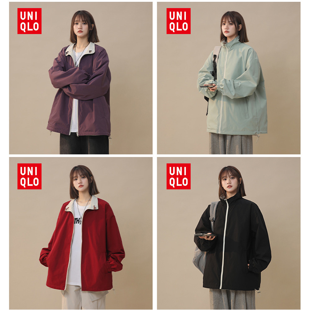 UNIQLO ยูนิโคล่ 2024 ฤดูใบไม้ร่วงใหม่สไตล์ที่เรียบง่ายของผู้หญิงสีทึบสองด้านยืนปกเสื้อแจ็คเก็ตแมทช์ลุคง่ายเสื้อลําลองหลวม