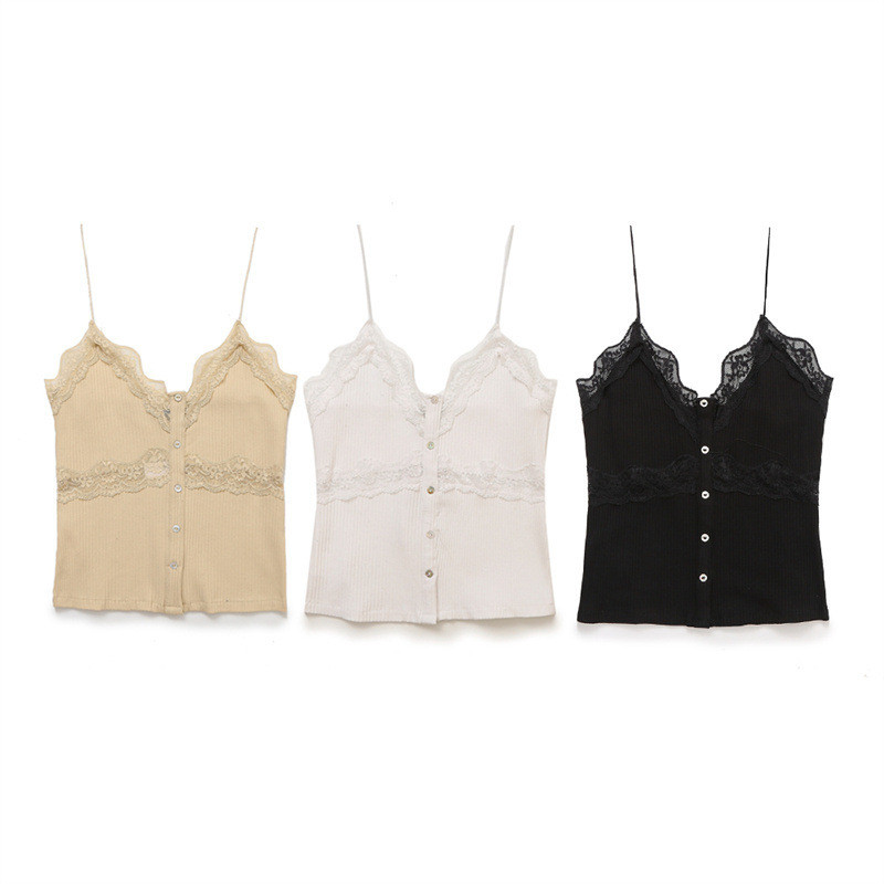 Uibey แฟชั่นลูกไม้ Splicing Together เสื้อกั๊กสีทึบ 4250