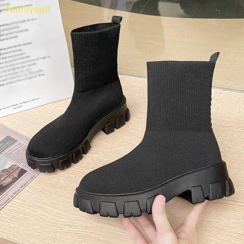 [TAMU] ผู้หญิงยืดถักรองเท้ารอบ Toe Block รองเท้าส้นสูงถุงเท้ารองเท้าแพลตฟอร์มกลางส้น Knitg รองเท้า Lug Sole ลื่นถุงเท้า Booties YSA