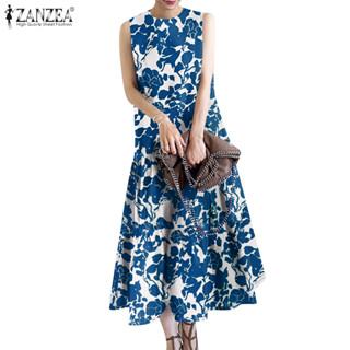 ZANZEA ซานเซีย ผู้หญิงพิมพ์ปุ่มดอกไม้รอบคอไม่มีกระเป๋าแขนกุด