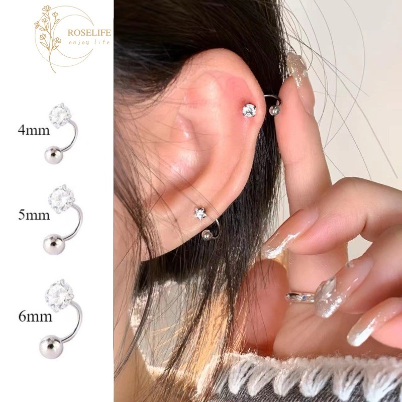 โรสไลฟ์ 1ชิ้น ส925เงินมินิมอลประกายครึ่งรอบคริสตัลสกรูต่างหูสําหรับผู้หญิงสาวทุกวันสวมใส่เลือกฟรีสไตล์เจาะหูกระดุมอุปกรณ์เครื่อ