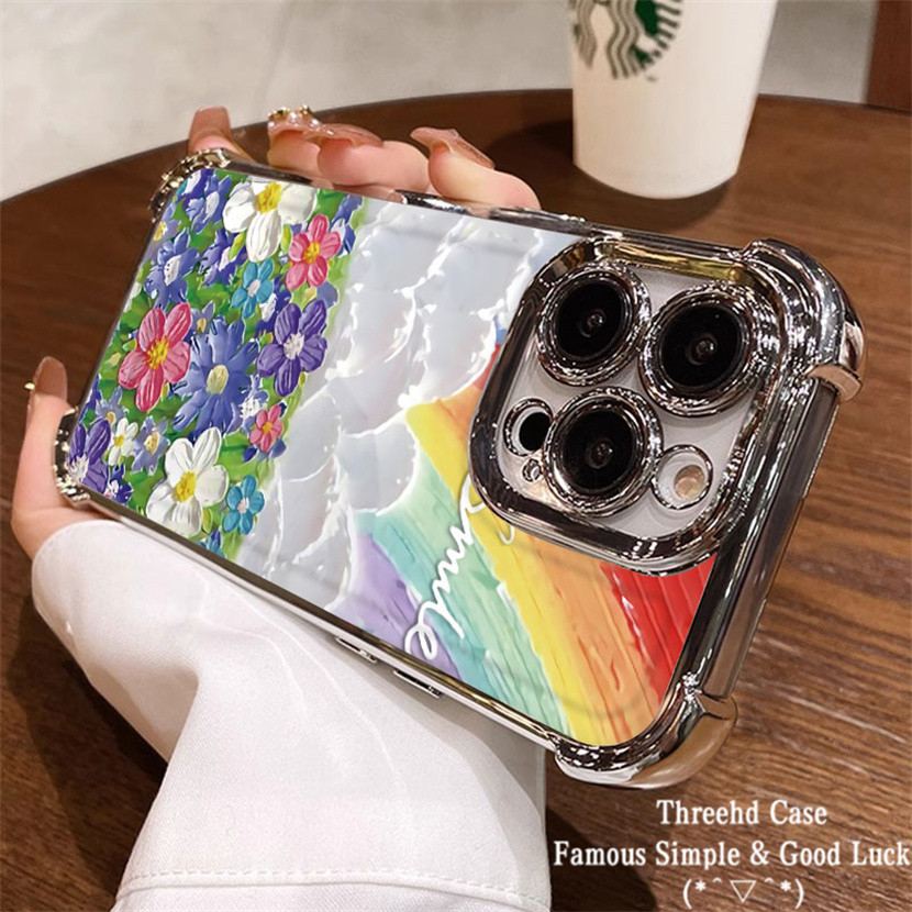 ปลอกเข้ากันได้สําหรับiphone 11 XR 15 14 13 12 Pro Max 7 8 Plus SE 2020 X Xs Maxหรูหราสี่มุมถุงลมนิรภัยเลนส์ฟิล์มป้องกันกรณีRainbowภาพวาดสีน้ํามันดอกไม้TPUปกหลัง