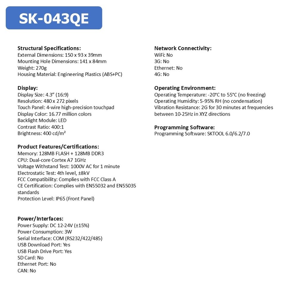 SAMKOON HMI SK-043QE จอทัชสกรีน 4.3" HMI Touch Screen 4.3" Human Machine Interface