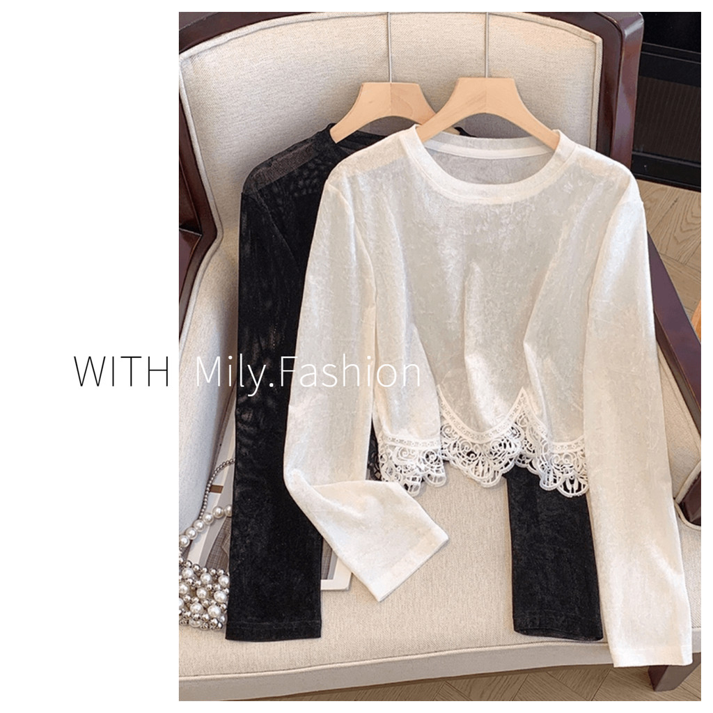 Milyfashion เสื้อยืดแขนยาวผ้ากำมะหยี่ปักลายลูกไม้ผู้หญิง2024ฤดูใบไม้ร่วงแบบใหม่สไตล์ตะวันตกแมทช์ลุคง่ายใส่แล้วดูผอมเสื้อตัวสั้นบาง