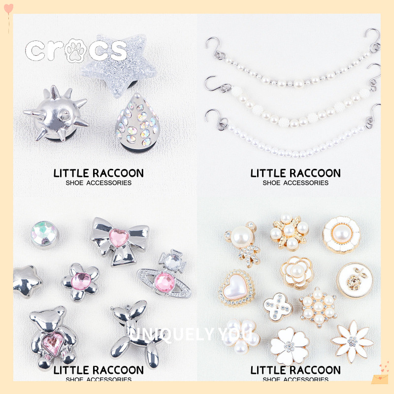 Crocs Jibbitz Heart โบว์รองเท้าโลหะ charm Crocs หัวเข็มขัดรองเท้า rhinestone เกรดสูงสําหรับเด็กผู้หญิง ดอกไม้รองเท้าหมีโลหะ