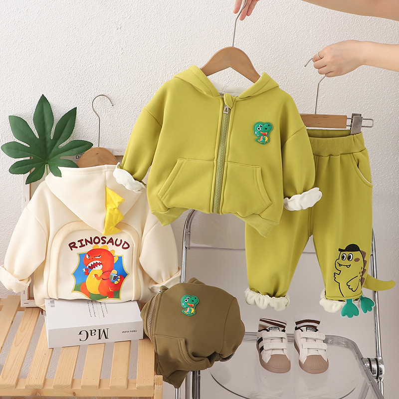 ใหม่ฤดูใบไม้ร่วงฤดูหนาวเด็กทารกเสื้อผ้าเด็กตุ๊กตาแฟชั่น2ชิ้นซิปเสื้อคลุมด้วยผ้ากับตุ๊กตาไดโนเสาร์+กางเกงเด็กวัยหัดเดินหญิงชุดอบอุ