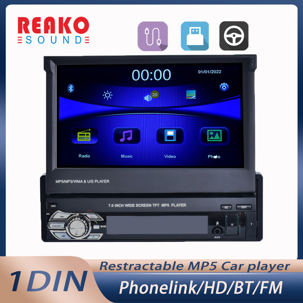 Reakosound 1 Din รถวิทยุสเตอริโอ 7 "หน้าจอแบบพับเก็บได้เครื่องเล่นมัลติมีเดีย Autoradio Mirror LinkT