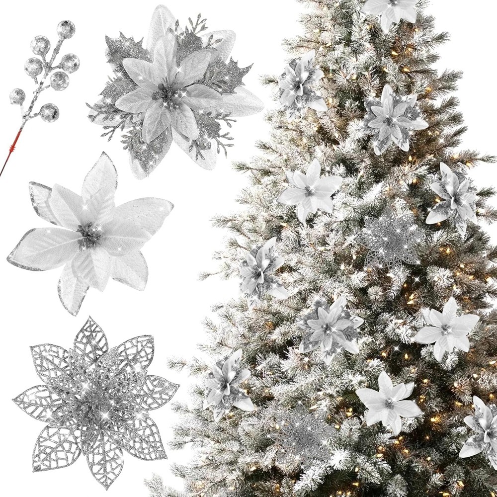 5/20 ชิ้นเงินคริสต์มาส Poinsettias Xmas สีแดง Glitter ดอกไม้ประดิษฐ์คลิป Stem พวงหรีด Xmas Tree เครื่องประดับงานแต่งงานตกแต่ง