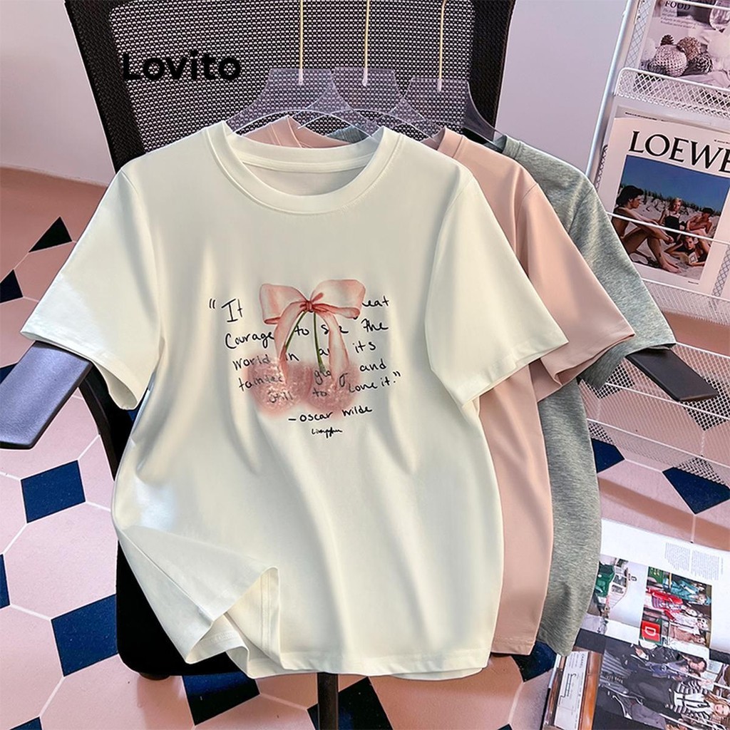 Lovito เสื้อยืดพื้นฐานสำหรับผู้หญิงและผักผลไม้ LNE71753