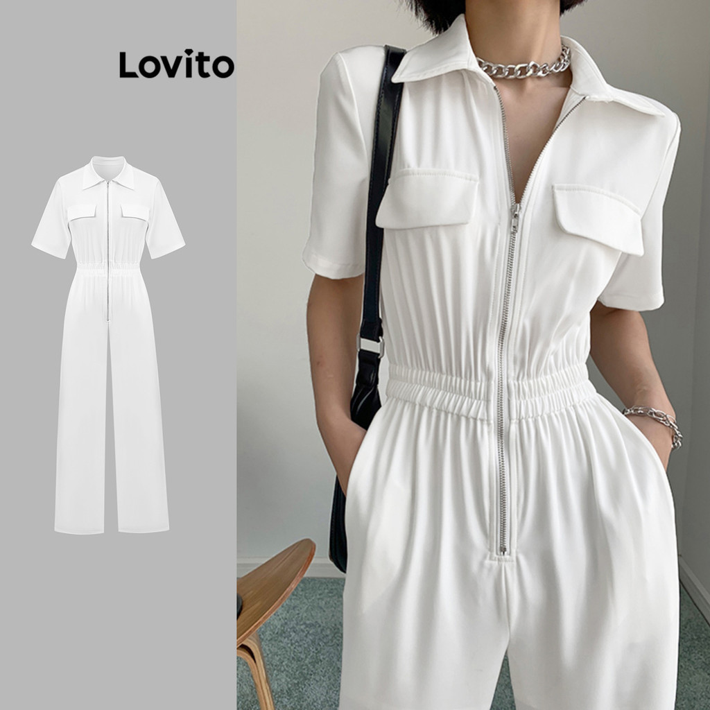 Lovito ชุดจั๊มสูทผู้หญิง แต่งซิปหน้า มีกระเป๋า สีพื้น สไตล์ลำลอง L80ED339