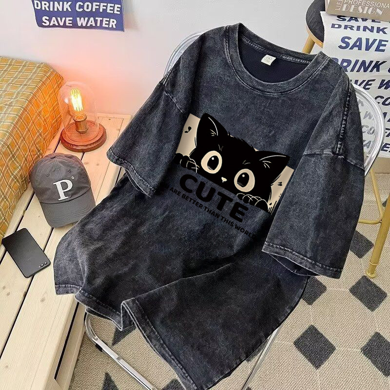 Qkoole เสื้อยืดผ้าฟอก oversize เสื้อเชิ้ตผ้าฝ้าย 100 พิมพ์ลายลูกแมว T1676