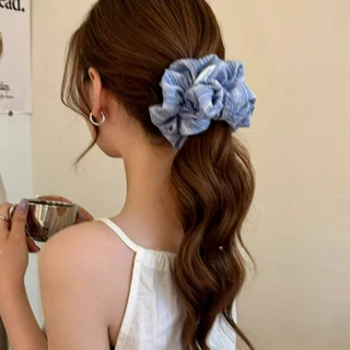 Vintage Blue Stripes Hair Rope หางม้า Scrunchies ผูกผมเครื่องประดับผม