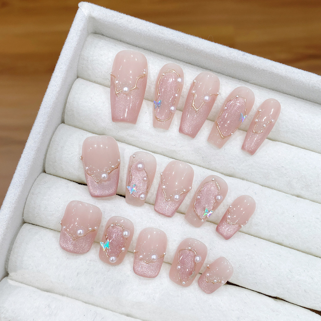 100% handmade เล็บประดิษฐ์ Nude ผีเสื้อมุกสีชมพู CAT EYE ภาพวาดมือ Phototherapy เล็บปลอมกดบนเล็บ reusable ฟรีกาว