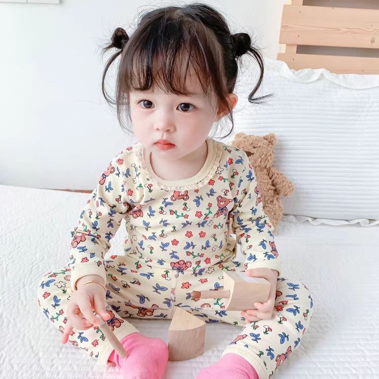 [เฮ้] 80-140เด็กเสื้อผ้าฤดูใบไม้ร่วงกางเกงขายาวสูทสาวเยอรมันกํามะหยี่เวอร์ชั่นเกาหลีดอกไม้บ้านเสื้อผ้าขนาดเล็กขนาดกลางชุดนอนเด็กสองช