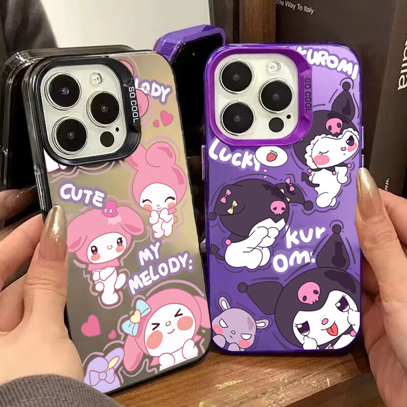 ปลอกสําหรับiphone 11 16 15 Pro Max 14 11 12 13 15 Pro XR XS Max X 7 8 Plus SE2022 Creativeน่ารักการ์ตูนMelody Kuromiหรูหราชุบเลนส์โลหะกันกระแทก