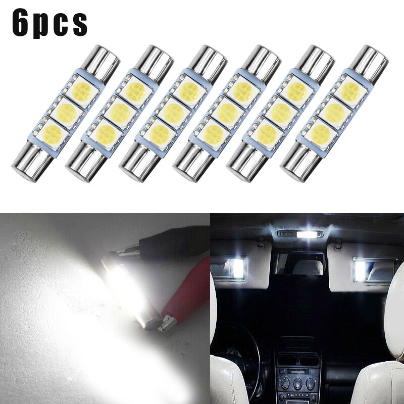 [LSAR] 6 ชิ้น Xenon สีขาว 3SMD 6641 6614F หลอดไฟ LED Sun Visor กระจกแต่งหน้าฟิวส์ไฟ