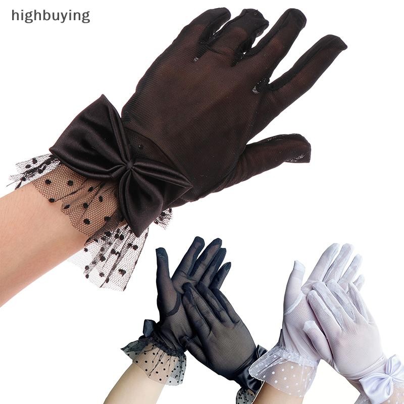 [ซื้อสูง] ฝรั่งเศส สง่างาม โบว์ลูกไม้ถุงมือสุภาพสตรีสั้นถุงมือตาข่ายยืดหยุ่นโรแมนติกงานแต่งงานเซ็กซี่ถุงมือถุงมือหุ้นใ