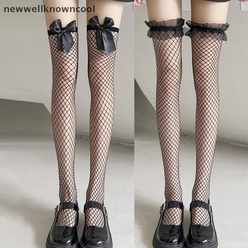 Newwellknowncool 1 คู่สีดําสีขาวเซ็กซี่กว่าเข่าถุงเท้ายาวผู้หญิงสาวหวาน Bowknot ต้นขาสูง Fishnet ถุงน่อง Legging AAD