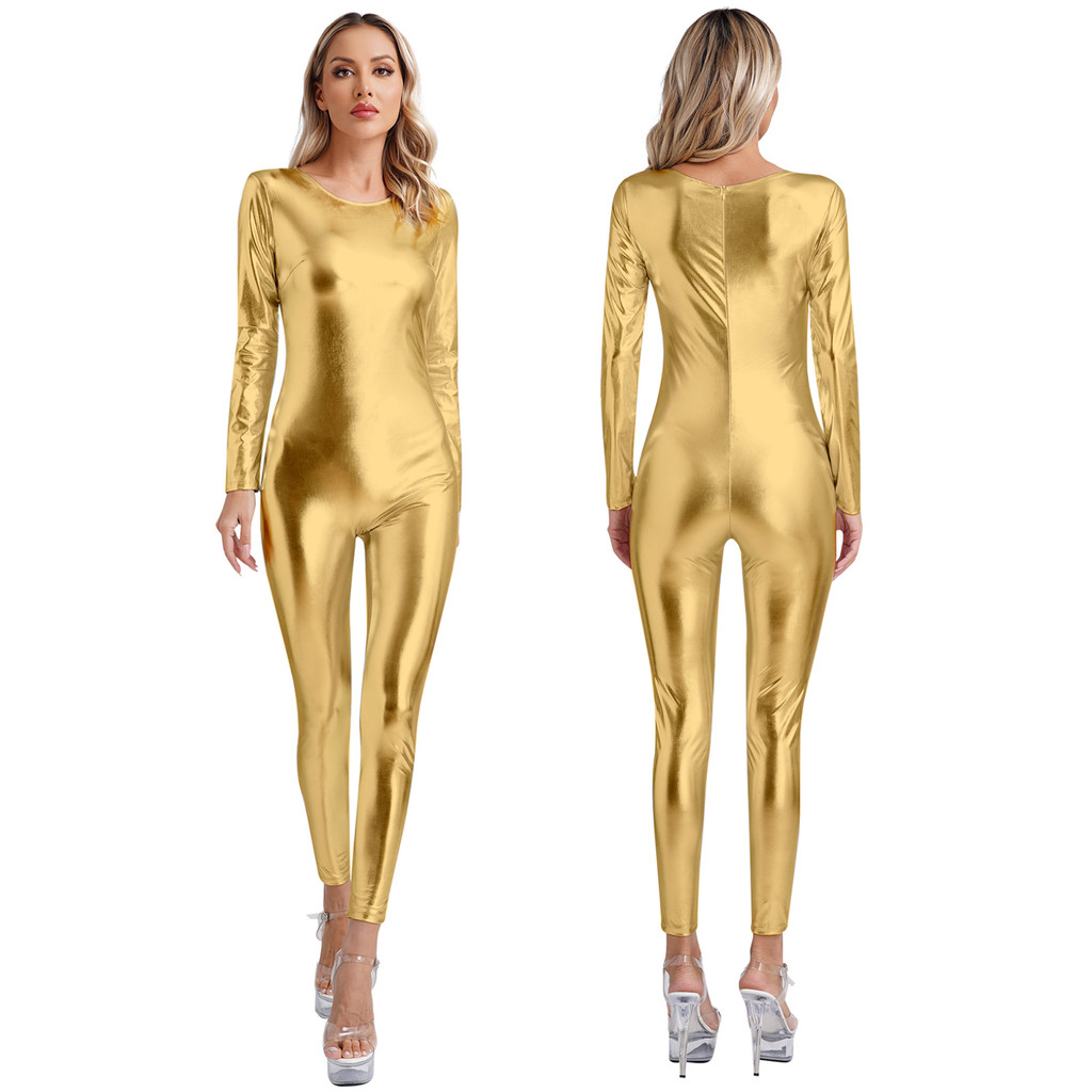 ผู้หญิงโลหะเงาjumpsuit One Piece ClubwearแขนยาวSlim Fitชุดบอดี้สูทโยคะยิมนาสติกเสาเต้นรําเครื่องแต่งกาย