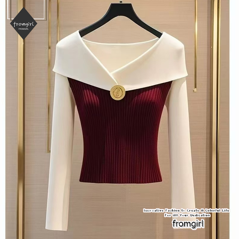 เสื้อไหมพรมสีแดงไวน์สุดเก๋ของเกาหลีพร้อมเสื้อท่อนล่าง