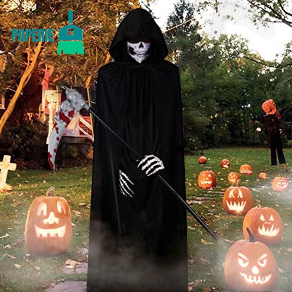 Paperie ชุด Ghost Reaper กันลื่นไม่ยับฮาโลวีน Grim Reaper เครื่องแต่งกาย, เสื้อคลุมมีฮู้ดอเนกประสงค์พร้อมถุงมือทนทานชุดเสื้อคลุมฮาโลวีน