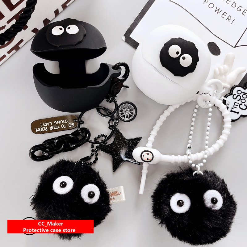 For QCY AilyBuds Pro Case Cartoon Spirited Away Plush Briquettes Pendant QCY HT10 Silicone Soft Case