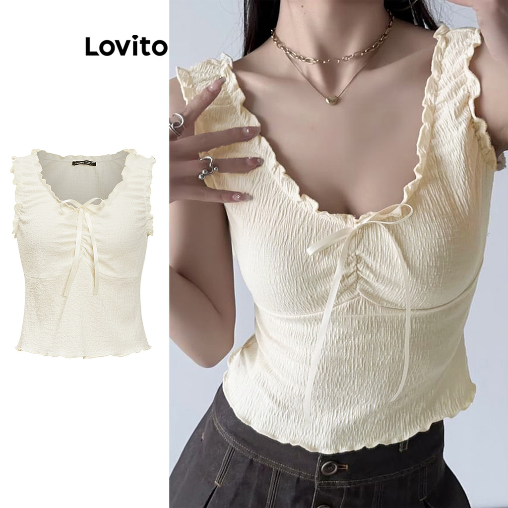 Lovito เสื้อกล้ามแบบสบาย ๆ แบบธรรมดาโบว์ด้านหน้า รูดระบายTank Top สำหรับผู้หญิง L105MD499
