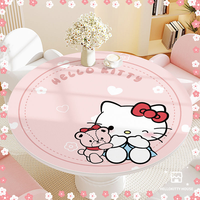 HelloKitty กันน้ํา Oilproof ผ้าปูโต๊ะกลมทิ้งขนาดเล็กรอบโต๊ะกาแฟเสื่อครัวเรือนรอบตารางเสื่อหนัง Anti-scalding ผ้าปูโต๊ะ