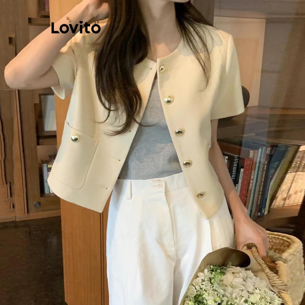 Lovito เบลเซอร์ผู้หญิง กระดุมหน้า สีพื้น สไตล์ลำลอง LNA68177