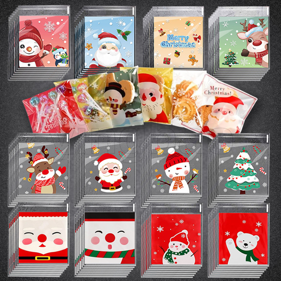 100ชิ้นคริสต์มาสกระดาษแก้วถุงคริสต์มาสถุงขนมวันหยุดล้างรักษาถุงกาวในตัวลูกอมคุกกี้ถุงของขวัญถุงเซลโล่