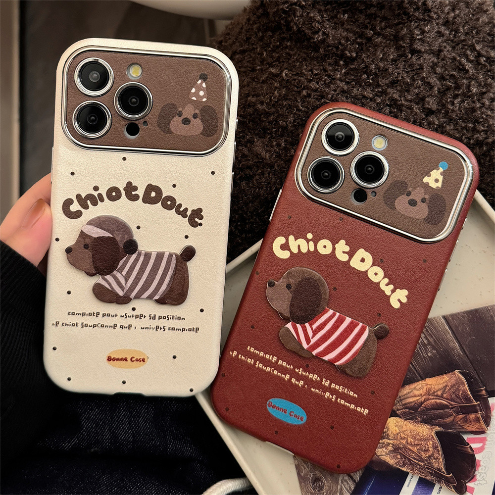 หรูหราหนังเคสโทรศัพท์สําหรับiphone 11 12 13 14 15 Pro 16 Pro Max INSการ์ตูนที่เรียบง่าย3Dน่ารักสุนัขหน้าต่างขนาดใหญ่Electroplatingกล้องป้องกัน