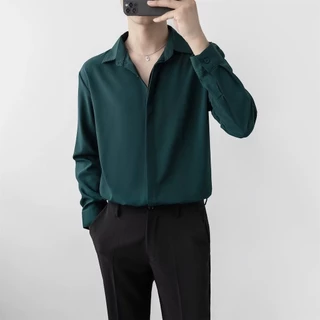 เสื้อเชิ้ตแขนยาวสีพื้น คอปก เสื้อเชิ้ตใส่ทำงานชาย สไตล์ลำลอง กระดุมแถว แฟชั่นเกาหลี ไซส์ S-3XL