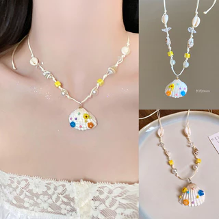 สร้อยคอพร้อมจี้ necklace สีโดพามีน เปลือกหอยและปลาดาว ลูกปัดสี แฟชั่นหวานๆ ส่งเร็วS1292