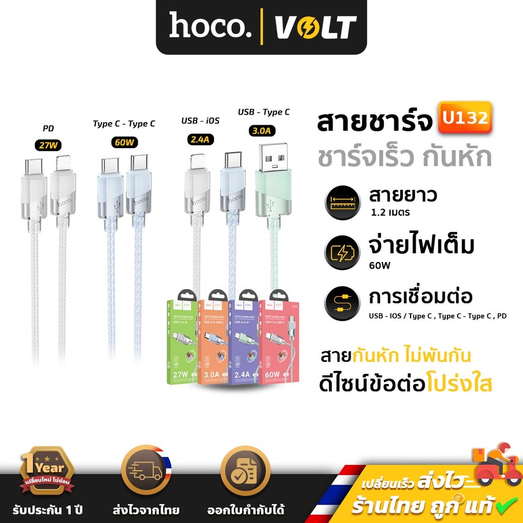 Hoco U132 สายชาร์จเร็ว สายกันหัก รองรับการซิงค์ข้อมูล TC-TC 60w / PD 27w / Type-C 3A / iOS 2.4A สายช