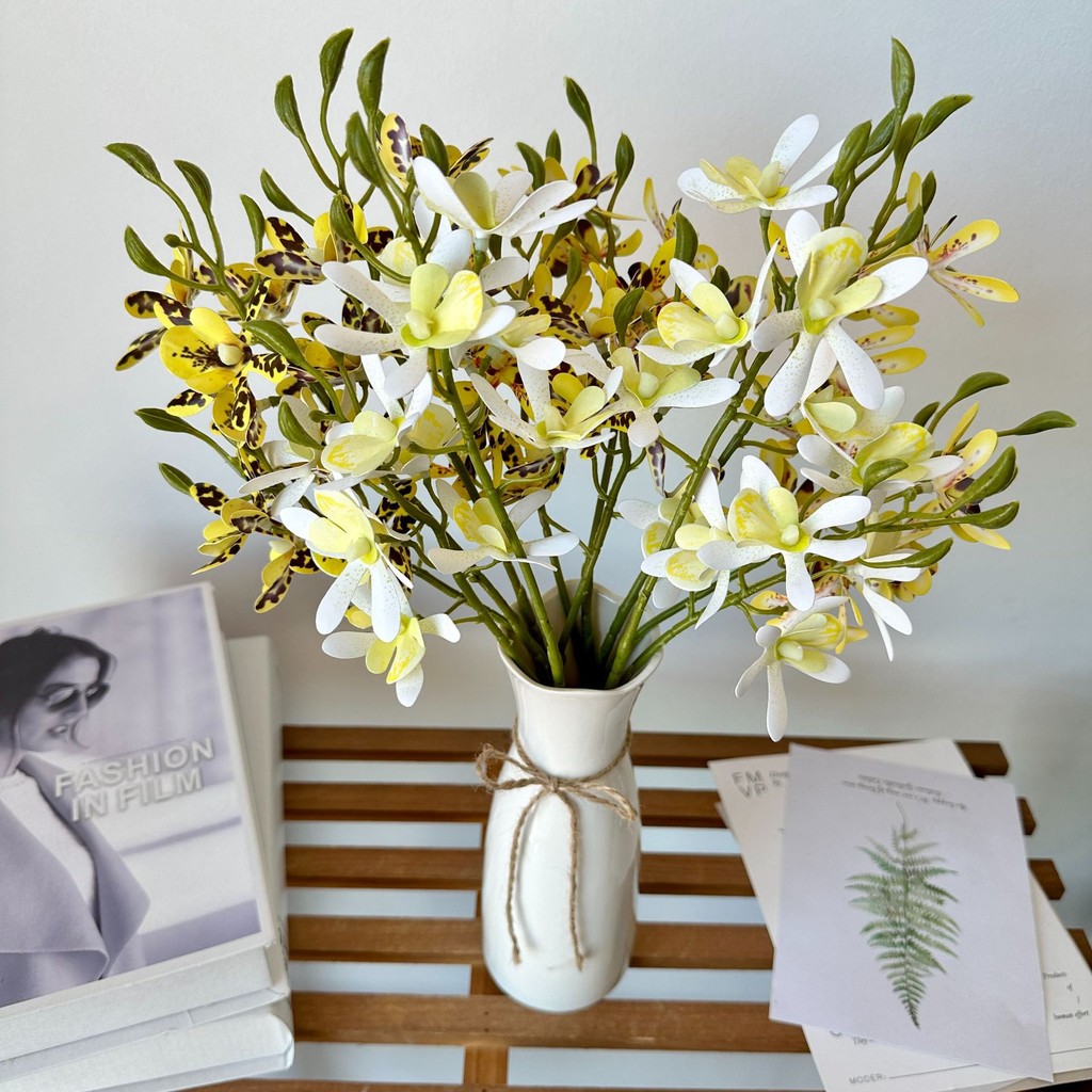 สาขาสั้น Double-Pronged 12-Head วรรณกรรม Orchid ดอกไม้ประดิษฐ์ 3D รู้สึกดอกไม้ห้องนั่งเล่นโต๊ะรับประทานอาหารการจัดดอกไม้ตกแต่ง Artifici