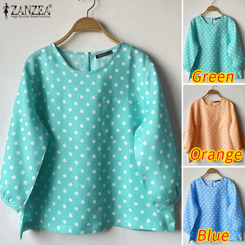 ZANZEA เสื้อลายจุดแขนสาม Quartre สไตล์เกาหลี สำหรับสาวๆ ใส่ลำลอง - รูปที่ 2