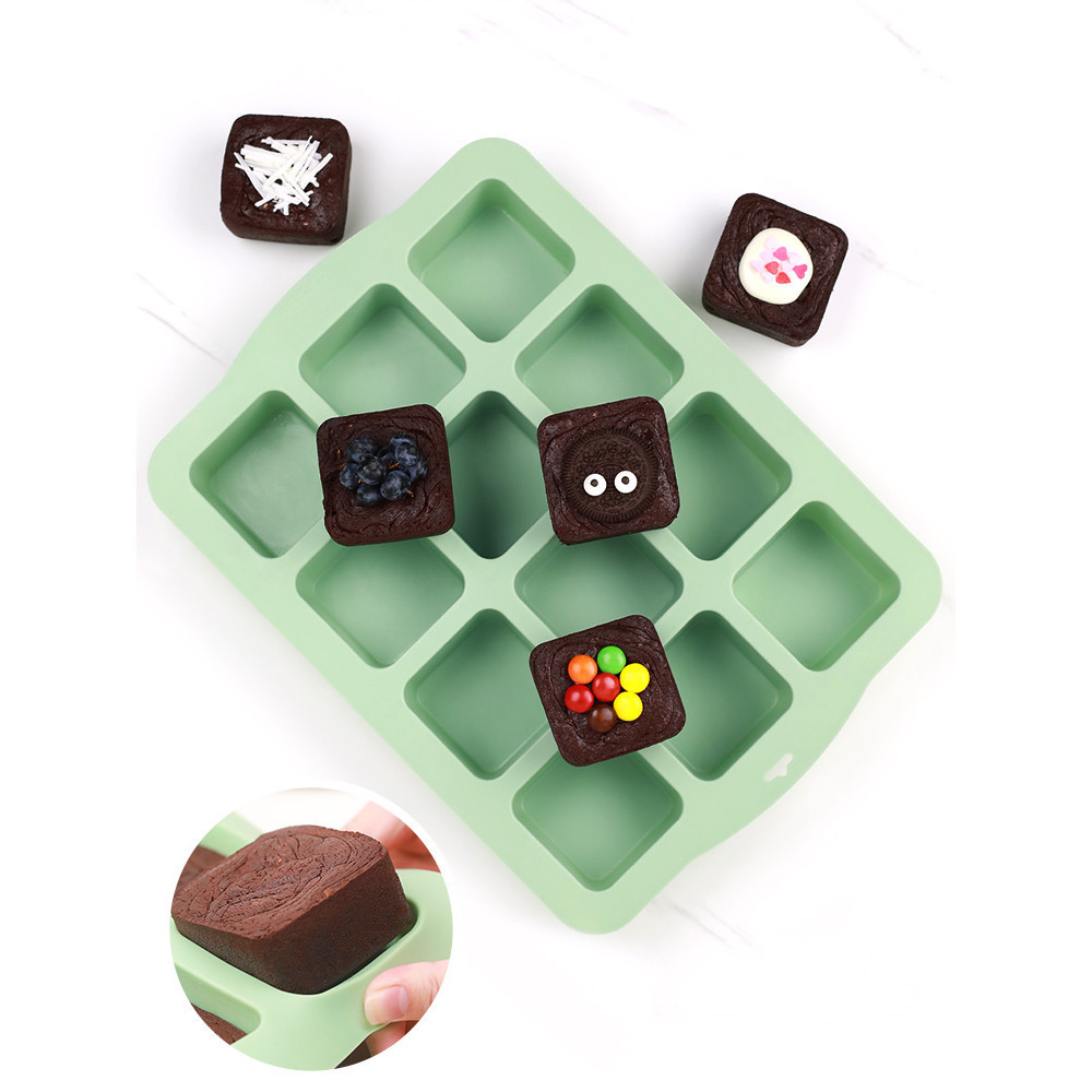 QELEG Brownie แม่พิมพ์อบแม่พิมพ์ซิลิโคน Square Pound Cake Mousse Easy Release Square Brownie Baking Mold 12 Cavity Silicone Mold Mousse Chocolate Baking
