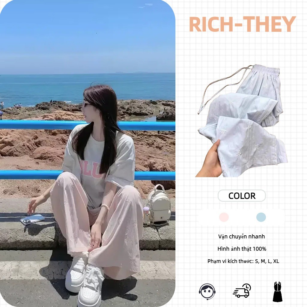 RICH-THEY กางเกงขากว้างปักโบว์ฤดูร้อนใหม่สําหรับผู้หญิง-V357