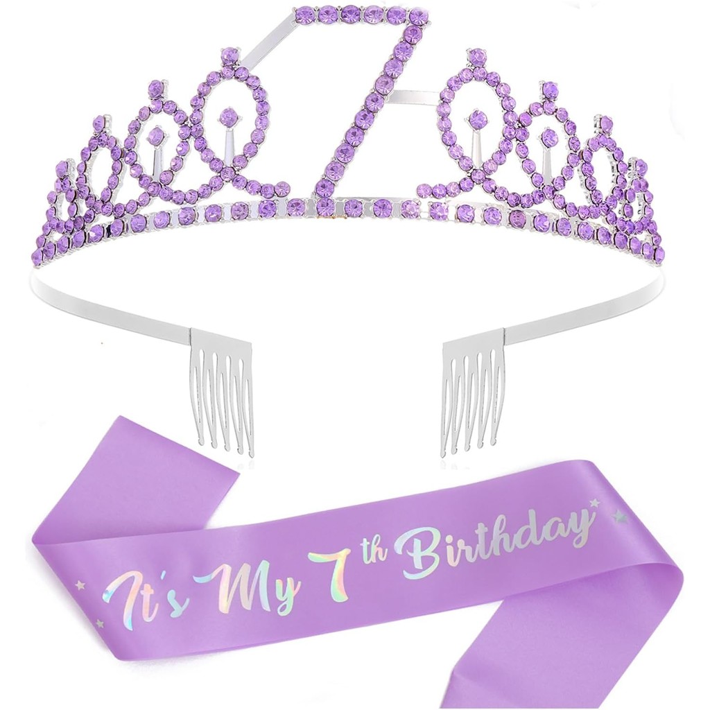7th Birthday Crown & Birthday Sash Set,7th Birthday Gifts for Girl 7th Birthday Decorative Girl
