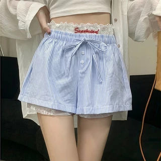 🩵ส่งไวจากไทย🩵ผู้หญิง ลายริ้ว-ปักลูกไม้ กางเกงขาสั้นเอวยางยืด แต่งกระดุม ทรงสวยทรงแปะ ผ้าใส่สบาย
