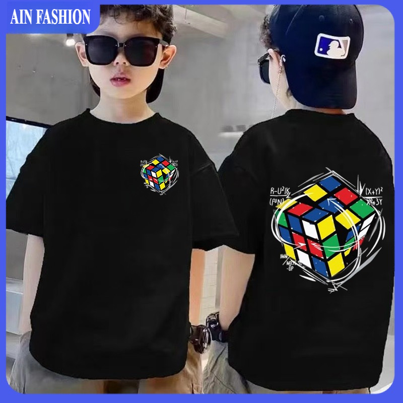 เสื้อยืด AIN FASHION Boys พิมพ์ลายลูกบาศก์รูบิคสุดเท่และอินเทรนด์ ผ้าฝ้ายคอกลมด้านบนสบายและนุ่ม 100% Cotton
