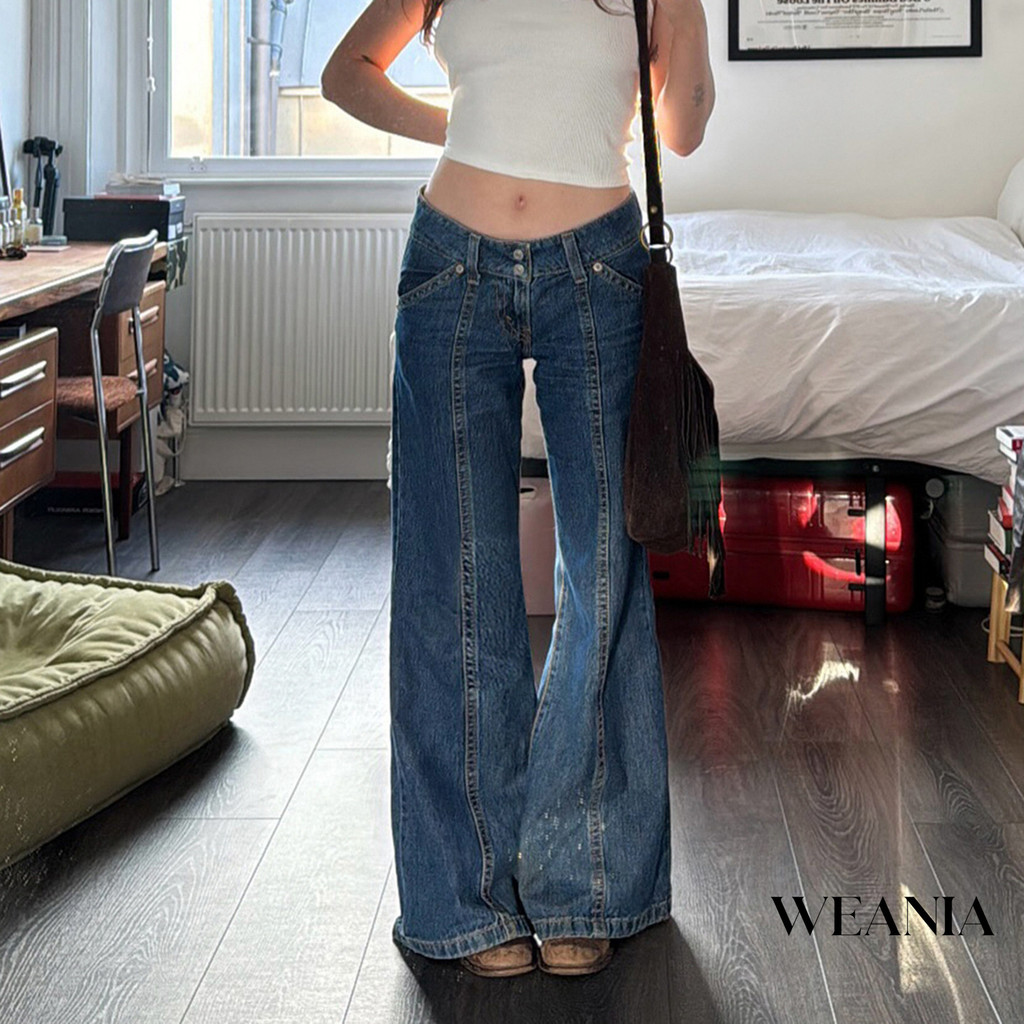 WEANIA American Street Style Retro Straight Low เอว Flare กางเกงยีนส์ผู้หญิง