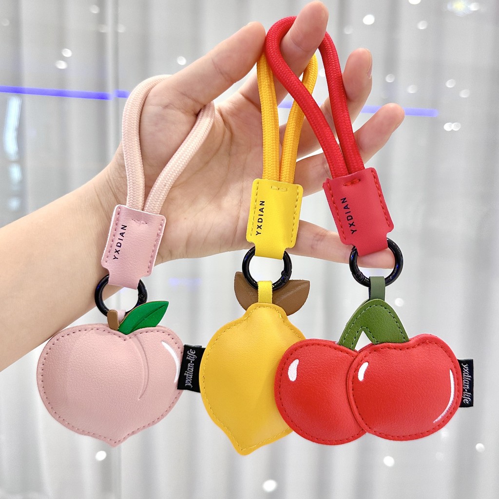 แฟชั่นเชือกไนลอนผลไม้พวงกุญแจหนัง PU จี้เชอร์รี่ Unisex พวงกุญแจรถ DIY อุปกรณ์เสริม